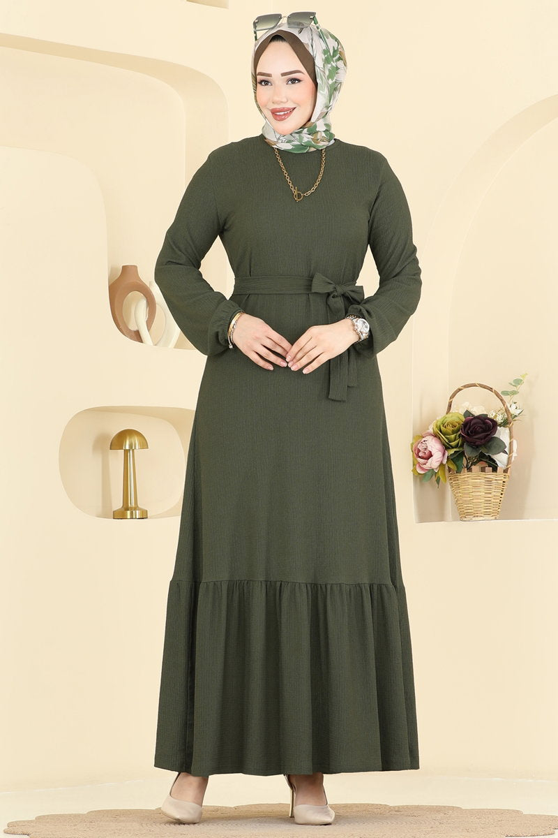 Crinkle Dress with Ruffled Hem - Khaki