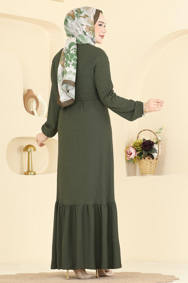 Crinkle Dress with Ruffled Hem - Khaki