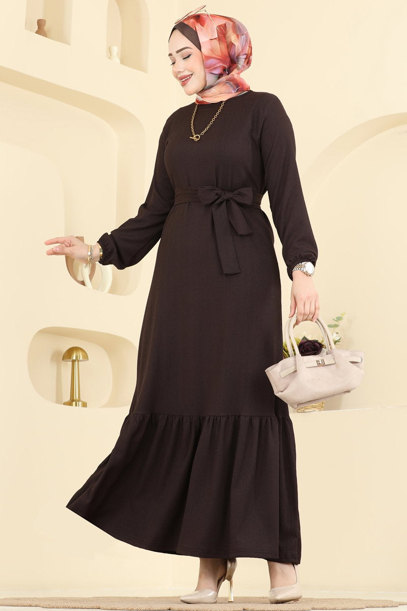 Crinkle Dress with Ruffled Hem - Brown