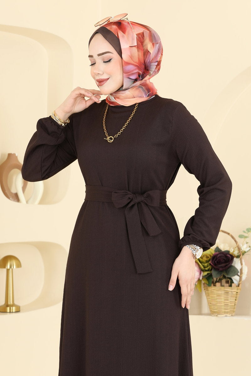 Crinkle Dress with Ruffled Hem - Brown