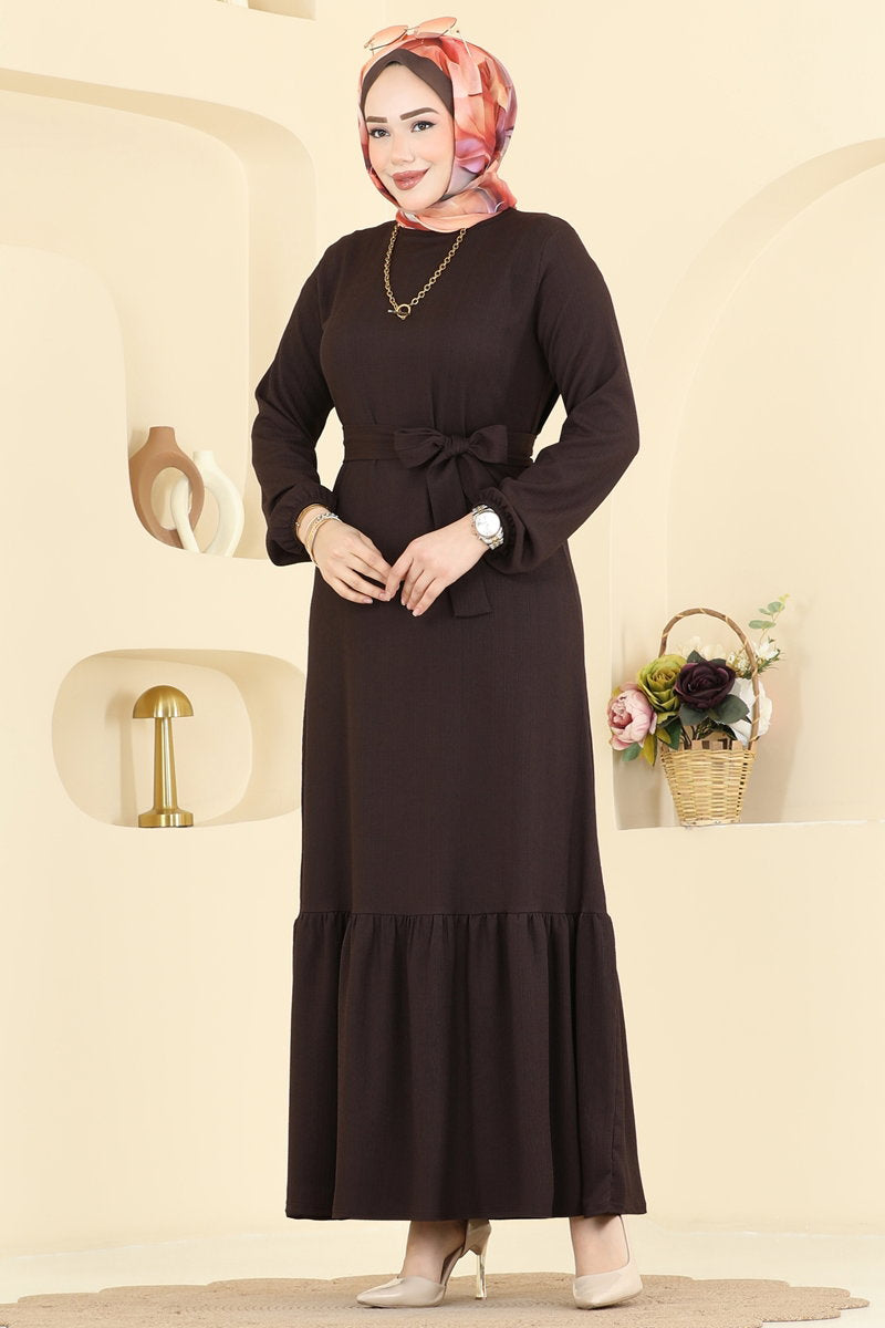 Crinkle Dress with Ruffled Hem - Brown