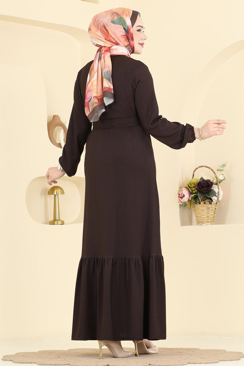 Crinkle Dress with Ruffled Hem - Brown