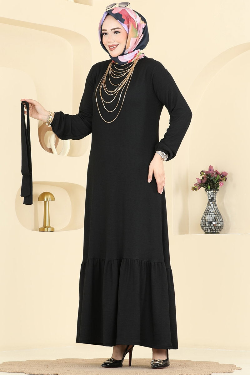 Crinkle Dress with Ruffled Hem - Black