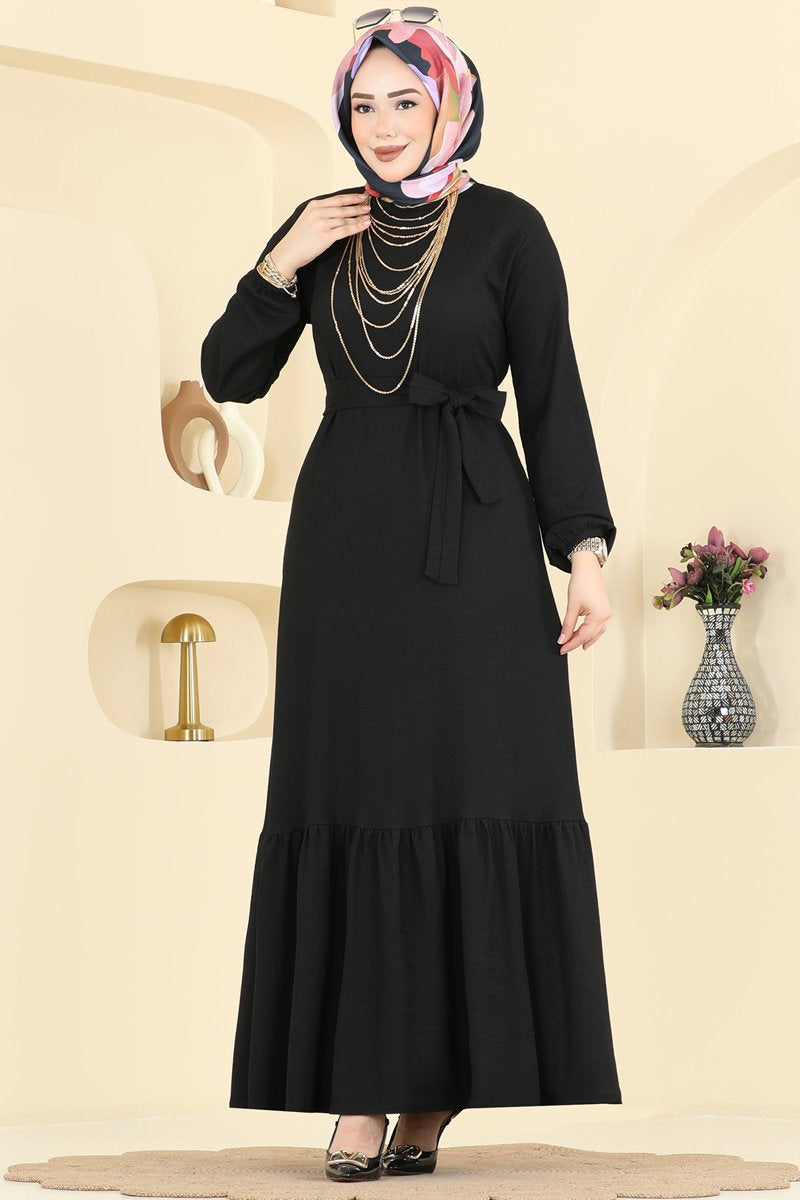 Crinkle Dress with Ruffled Hem - Black