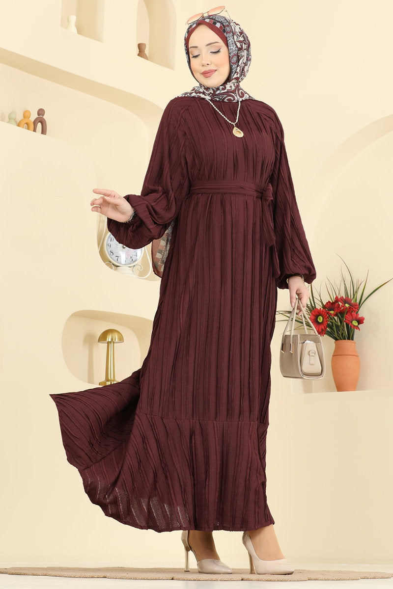 Ruffle-Hem Amazon Knit Dress with Sash - Burgundy