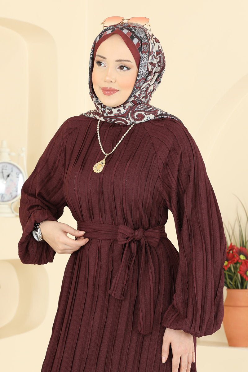 Ruffle-Hem Amazon Knit Dress with Sash - Burgundy