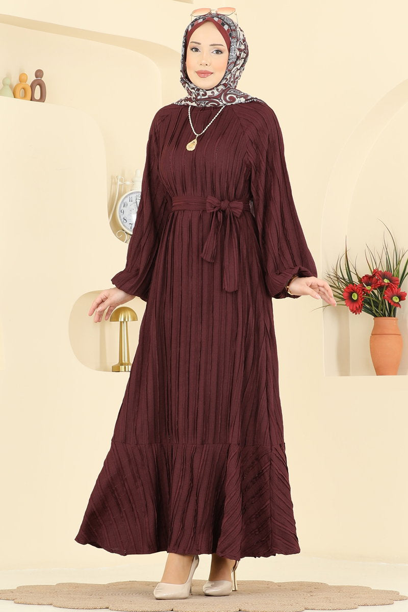 Ruffle-Hem Amazon Knit Dress with Sash - Burgundy