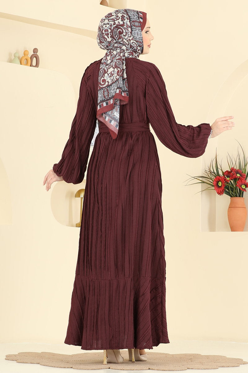 Ruffle-Hem Amazon Knit Dress with Sash - Burgundy