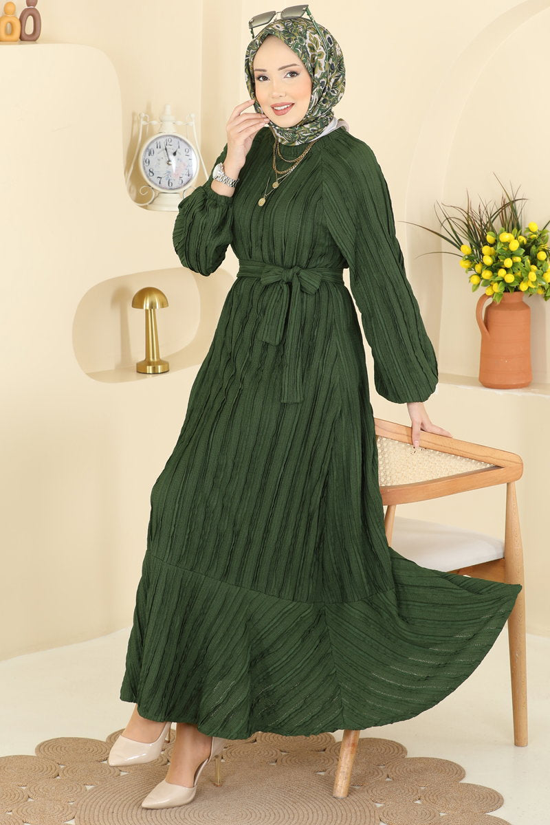 Ruffle-Hem Amazon Knit Dress with Sash - Khaki