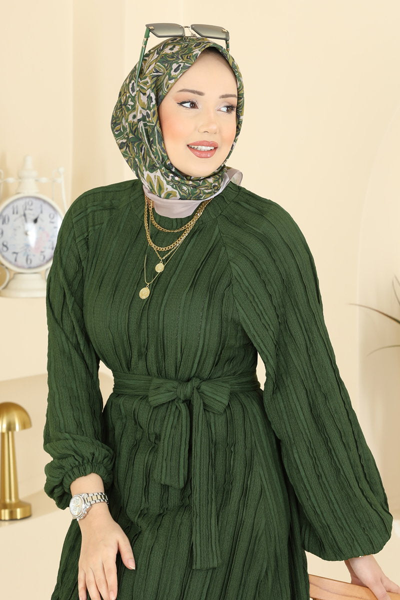 Ruffle-Hem Amazon Knit Dress with Sash - Khaki