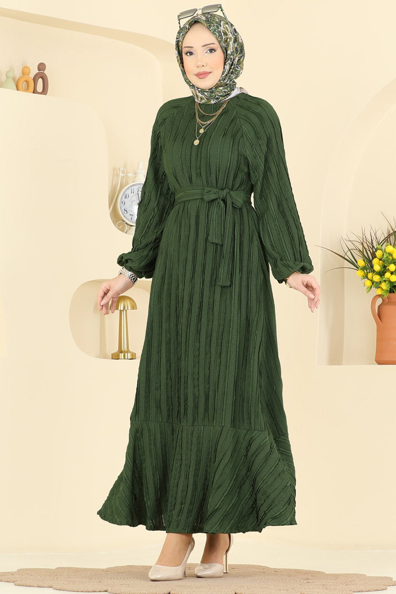 Ruffle-Hem Amazon Knit Dress with Sash - Khaki