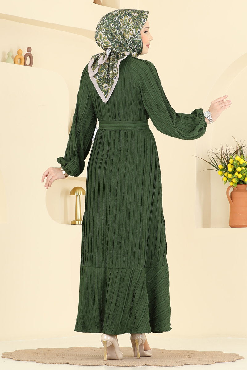 Ruffle-Hem Amazon Knit Dress with Sash - Khaki