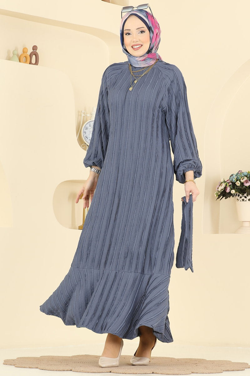 Ruffle-Hem Amazon Knit Dress with Sash - Dark Grey