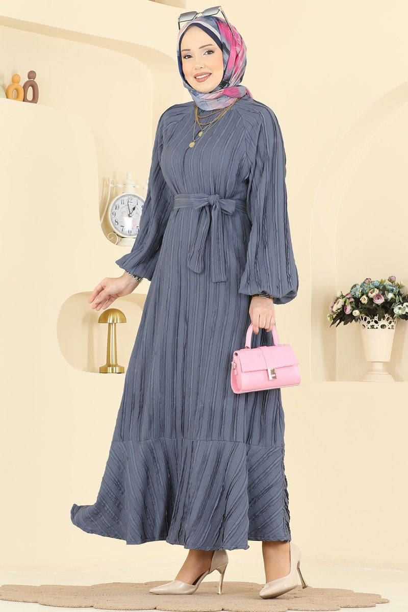 Ruffle-Hem Amazon Knit Dress with Sash - Dark Grey