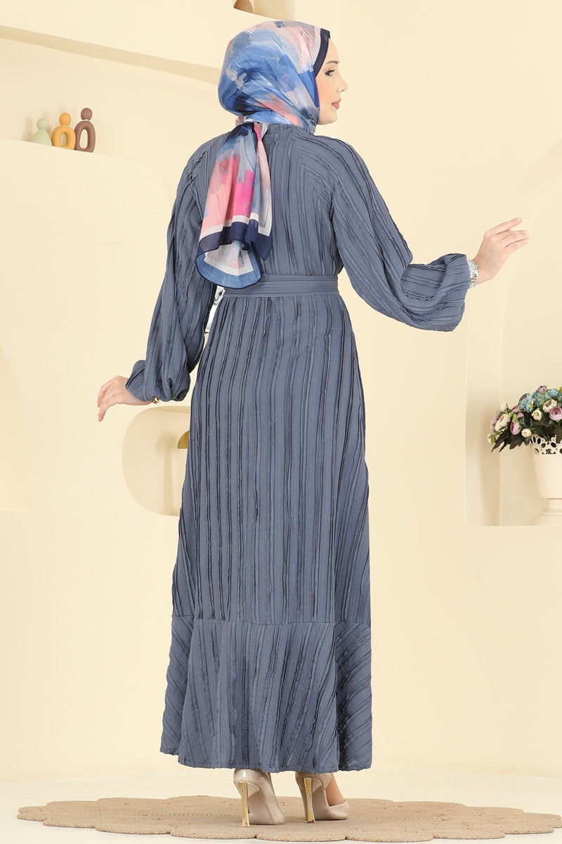 Ruffle-Hem Amazon Knit Dress with Sash - Dark Grey
