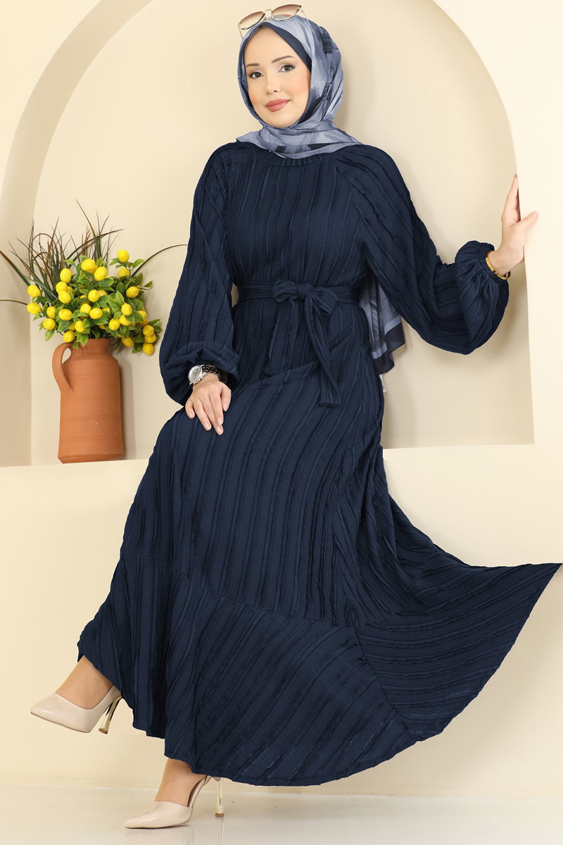 Ruffle-Hem Amazon Knit Dress with Sash - Dark Navy