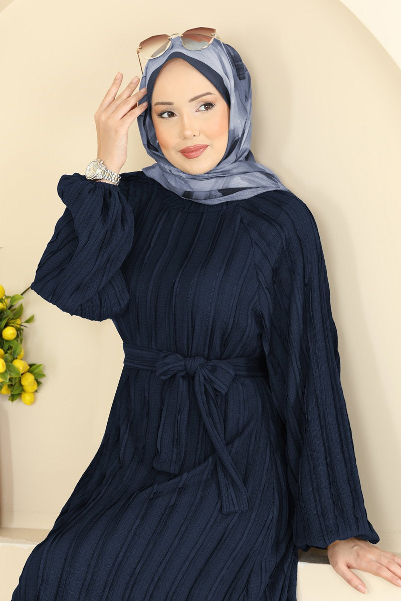 Ruffle-Hem Amazon Knit Dress with Sash - Dark Navy