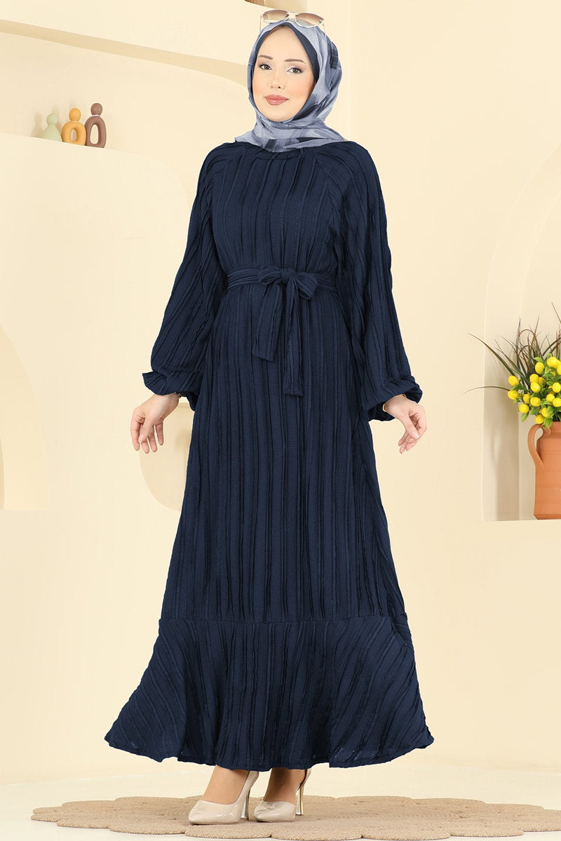 Ruffle-Hem Amazon Knit Dress with Sash - Dark Navy