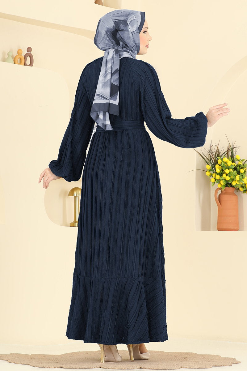 Ruffle-Hem Amazon Knit Dress with Sash - Dark Navy
