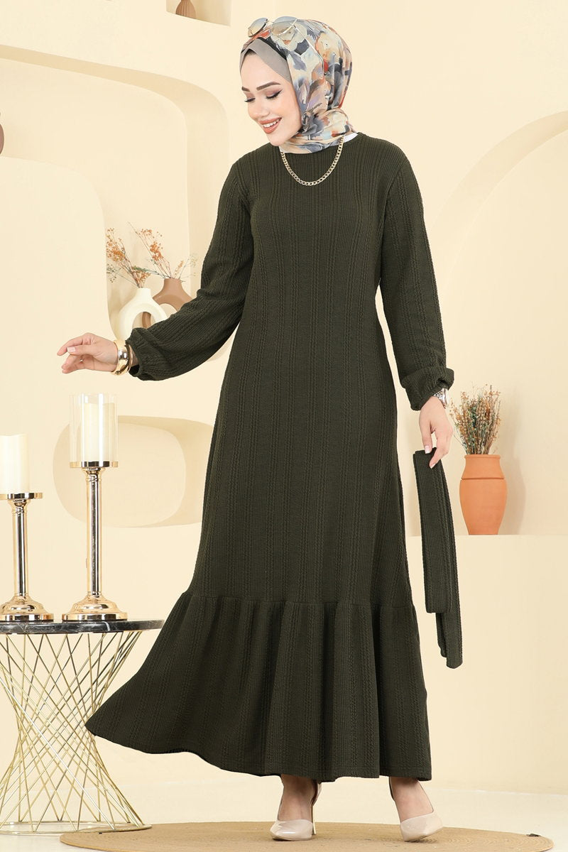 Tiered Crinkle Modest Dress - Khaki