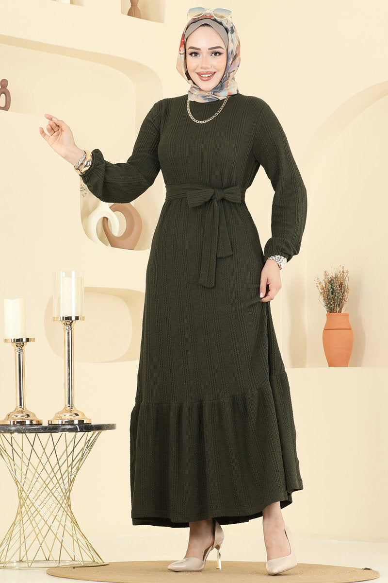 Tiered Crinkle Modest Dress - Khaki