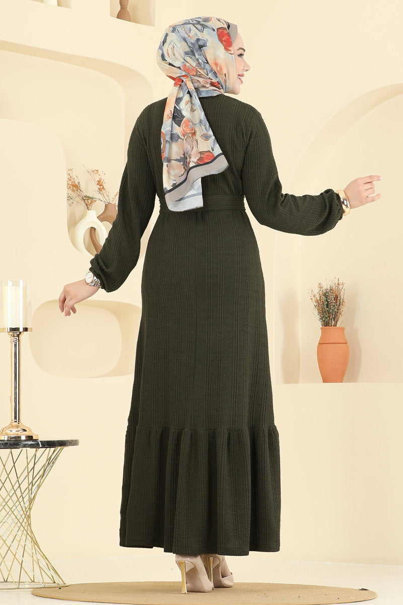 Tiered Crinkle Modest Dress - Khaki