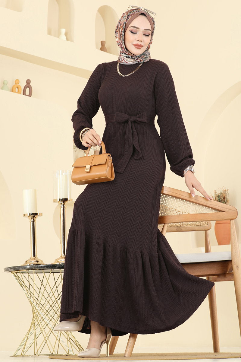 Tiered Crinkle Modest Dress - Brown