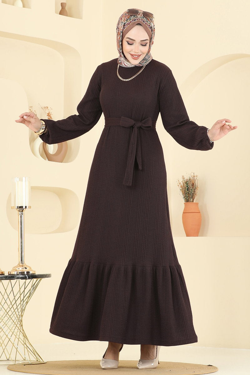 Tiered Crinkle Modest Dress - Brown