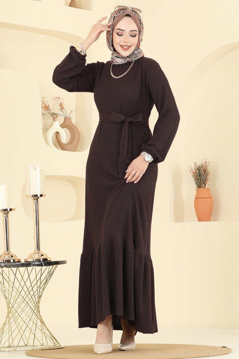 Tiered Crinkle Modest Dress - Brown