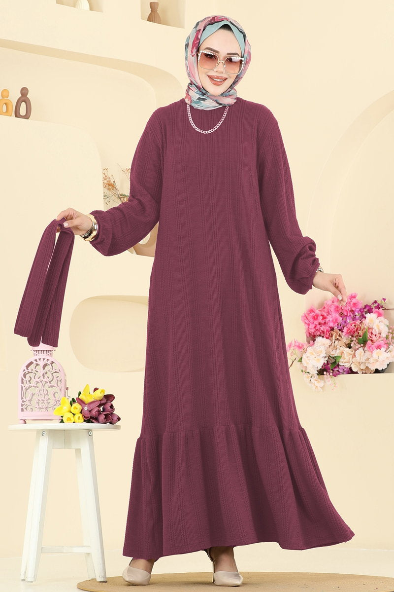 Tiered Crinkle Modest Dress - Dark Dusty Rose