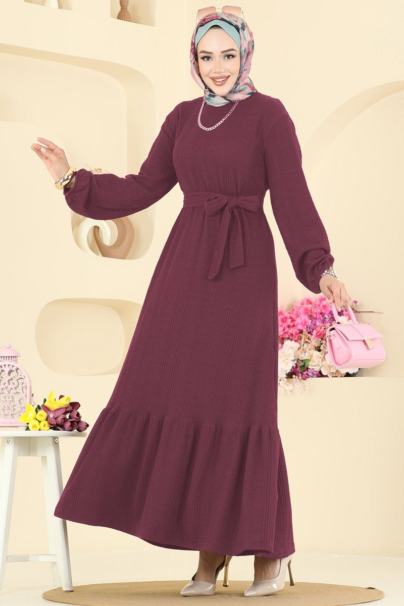 Tiered Crinkle Modest Dress - Dark Dusty Rose