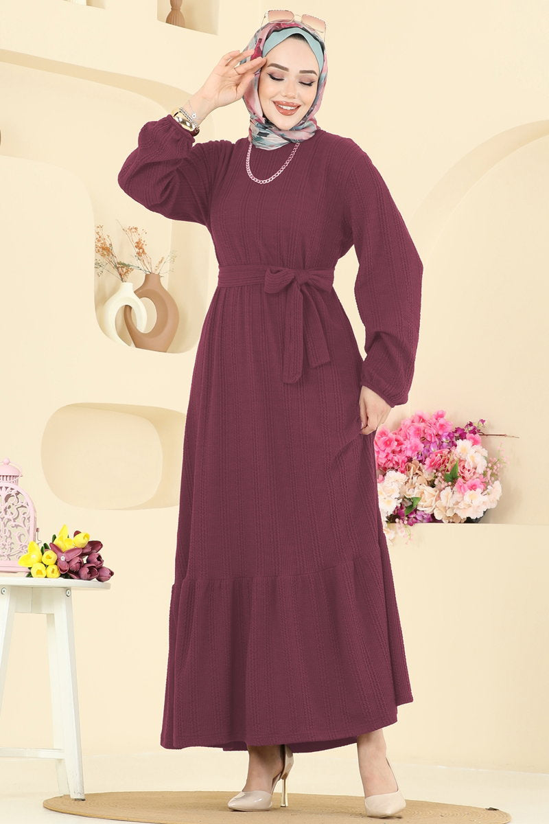 Tiered Crinkle Modest Dress - Dark Dusty Rose