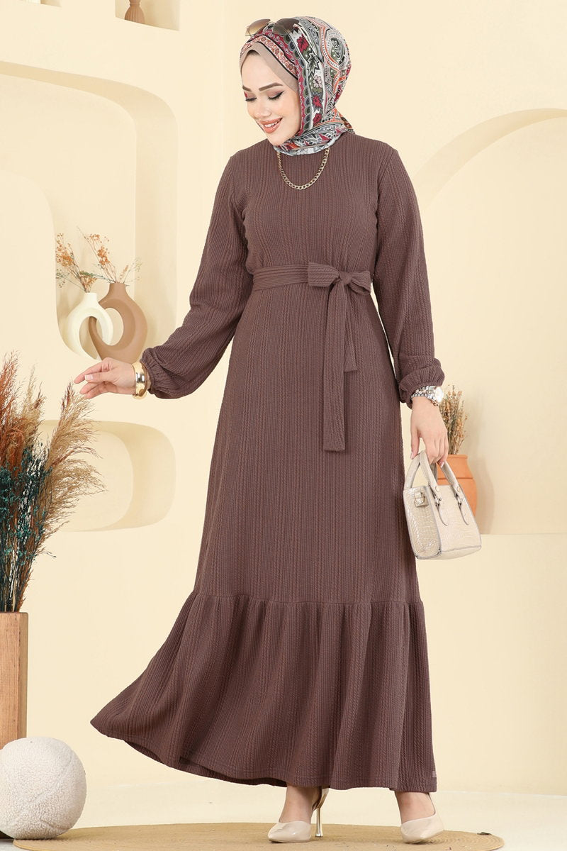 Tiered Crinkle Modest Dress - Dark Mink