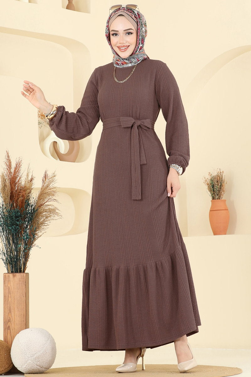 Tiered Crinkle Modest Dress - Dark Mink