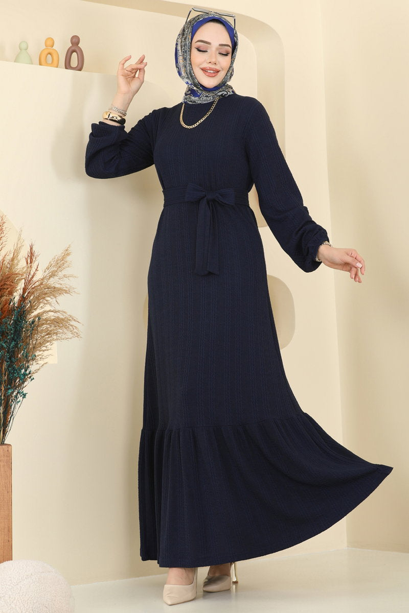 Tiered Crinkle Modest Dress - Navy