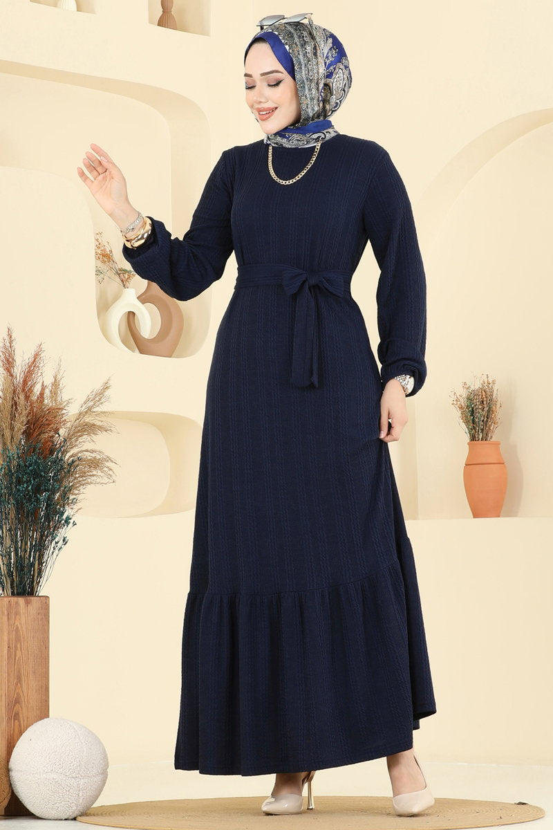 Tiered Crinkle Modest Dress - Navy