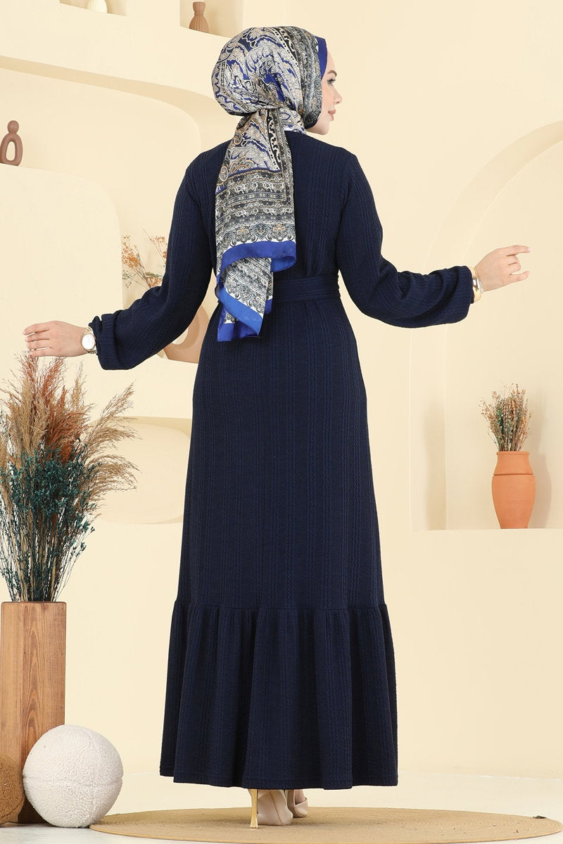 Tiered Crinkle Modest Dress - Navy