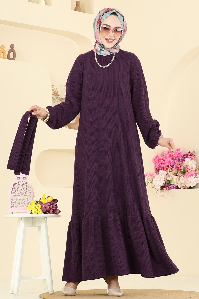 Tiered Crinkle Modest Dress - Plum
