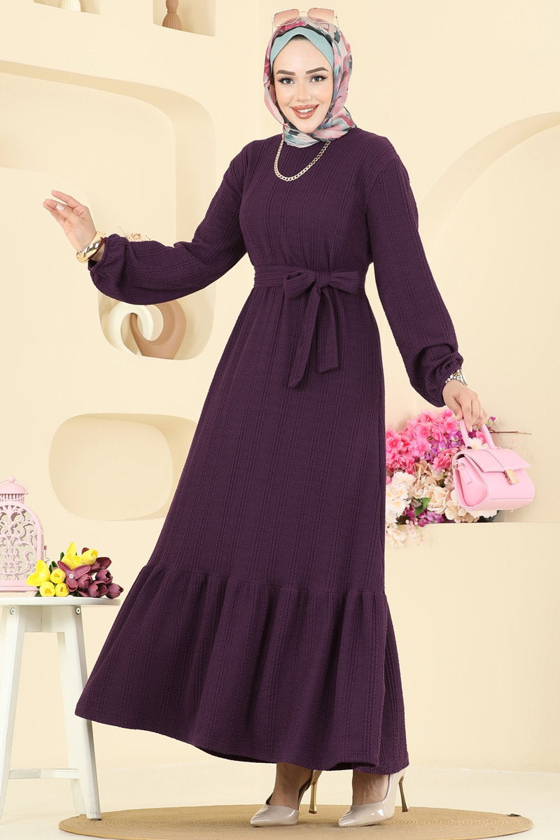Tiered Crinkle Modest Dress - Plum