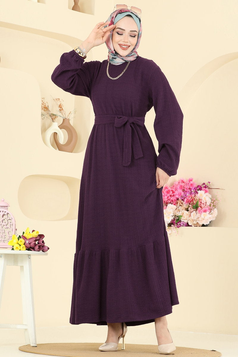 Tiered Crinkle Modest Dress - Plum