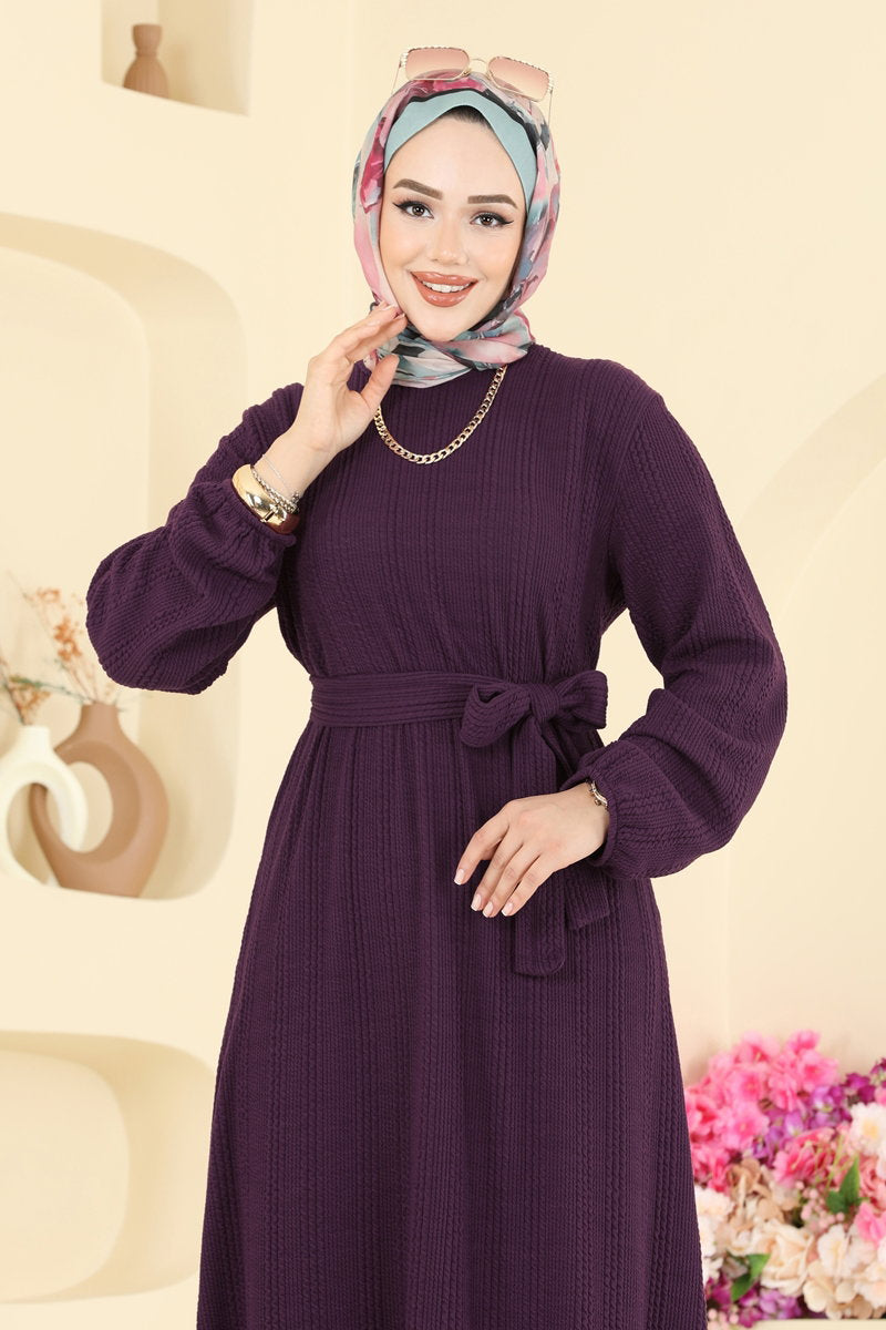Tiered Crinkle Modest Dress - Plum
