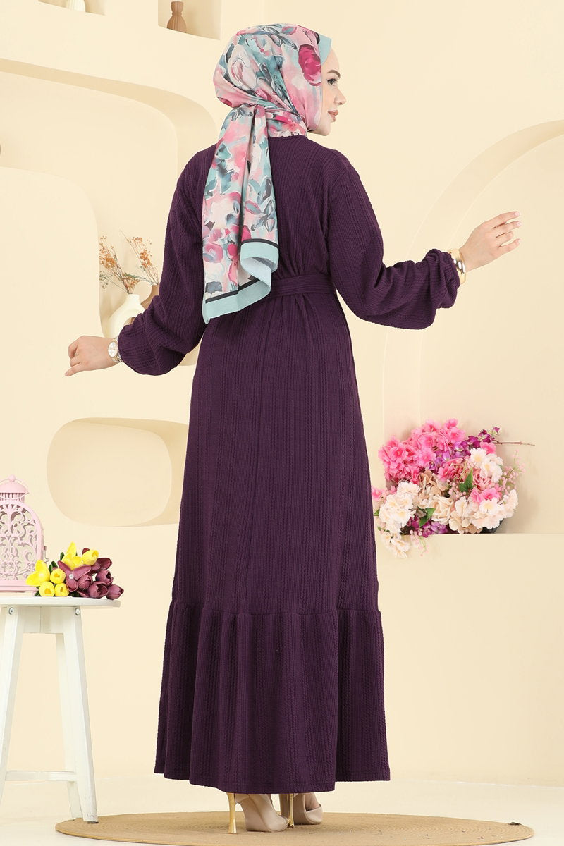 Tiered Crinkle Modest Dress - Plum