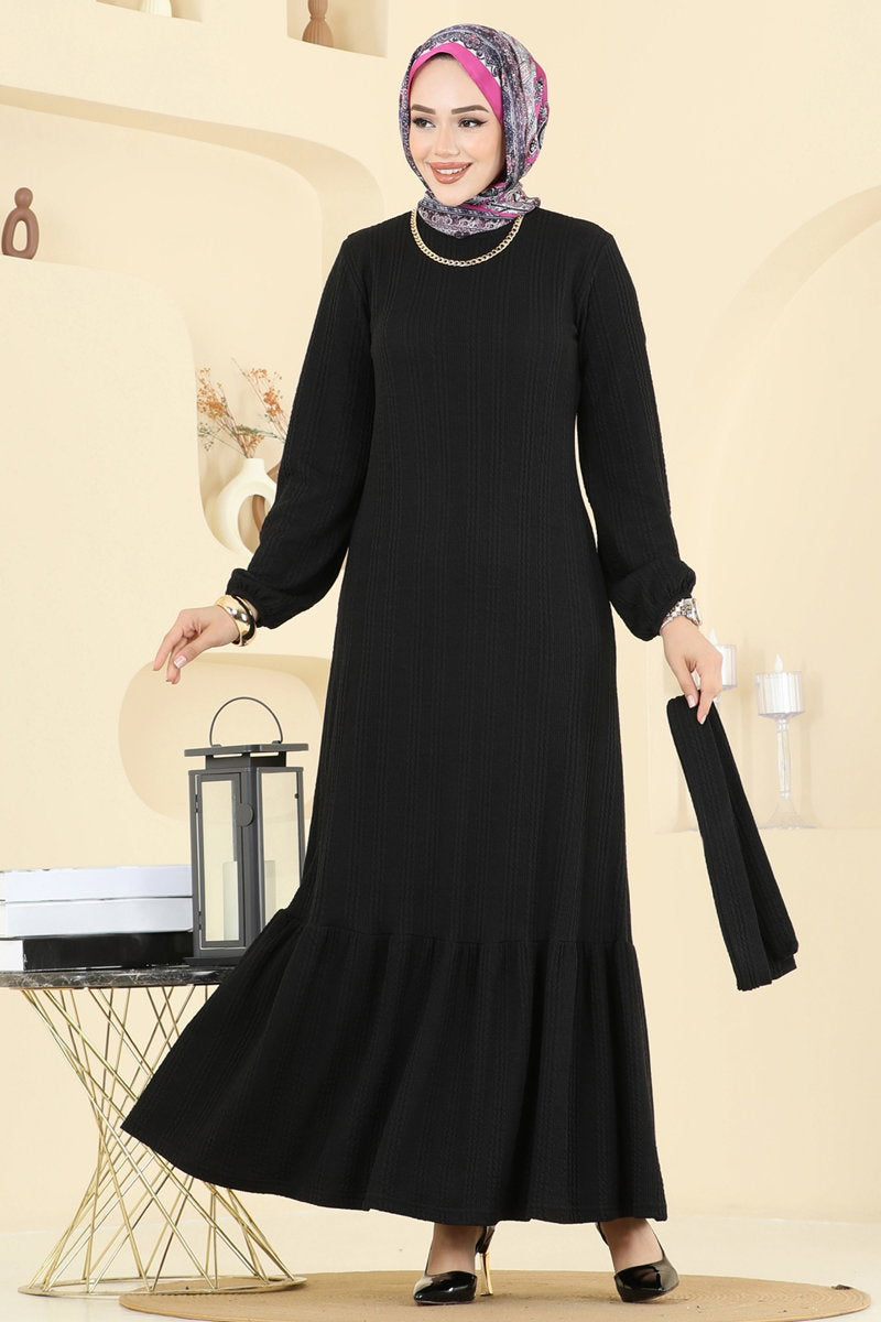 Tiered Crinkle Modest Dress - Black