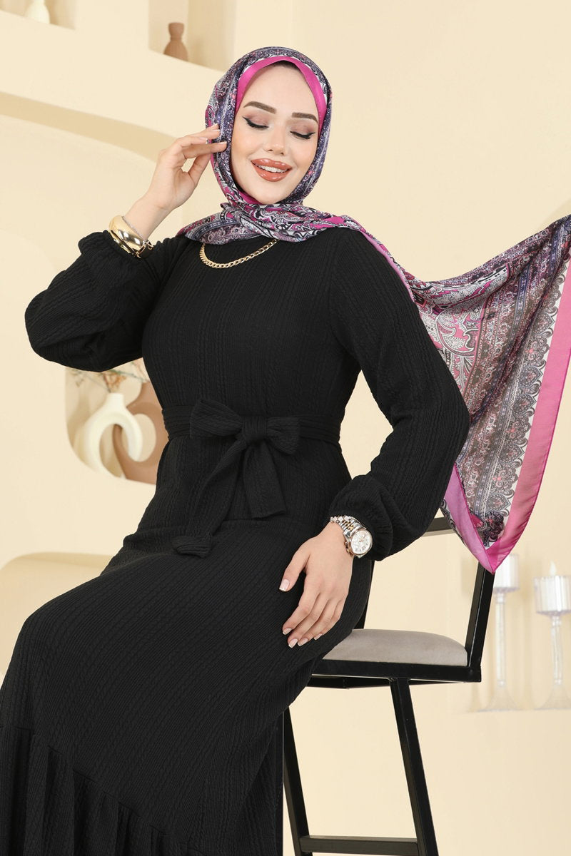Tiered Crinkle Modest Dress - Black