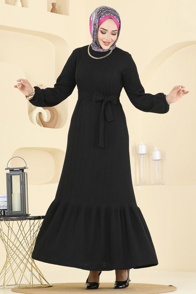 Tiered Crinkle Modest Dress - Black