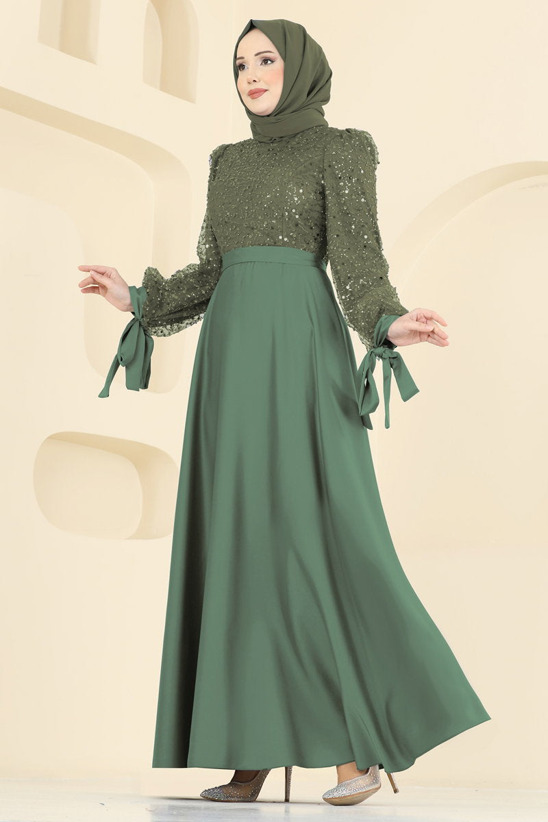 Evening Dress with Satin Sequin Skirt - Dark Olive