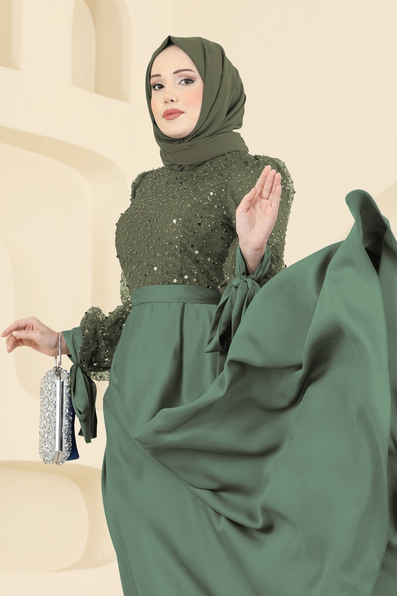 Evening Dress with Satin Sequin Skirt - Dark Olive