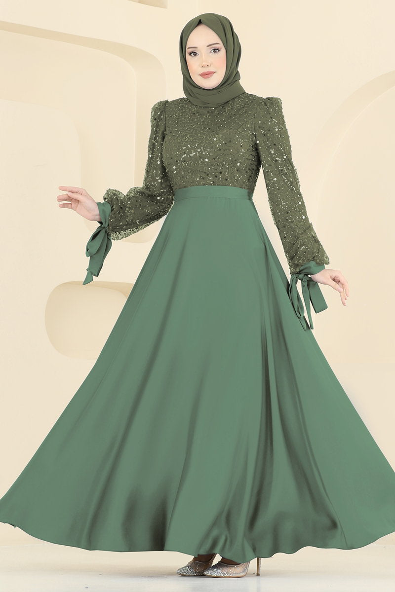 Evening Dress with Satin Sequin Skirt - Dark Olive