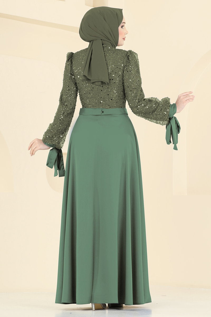 Evening Dress with Satin Sequin Skirt - Dark Olive