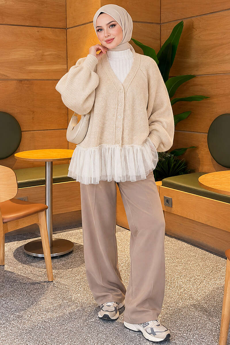 Balloon-Sleeve Knit Cardigan with Tulle Hem - Beige